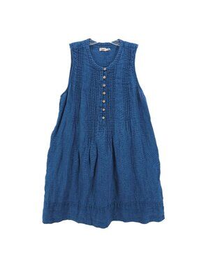 FAHERTY Indigo Blue Isha Basketweave Dress 100% Linen Pintuck Woven LARGE